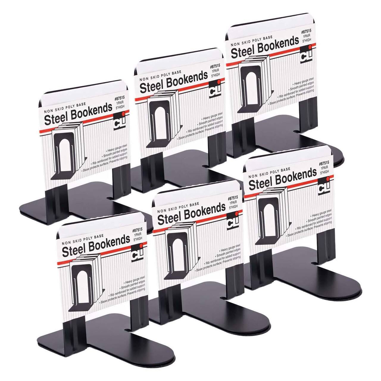 Charles Leonard 5" Black Steel Bookends, 6 Packs of 2